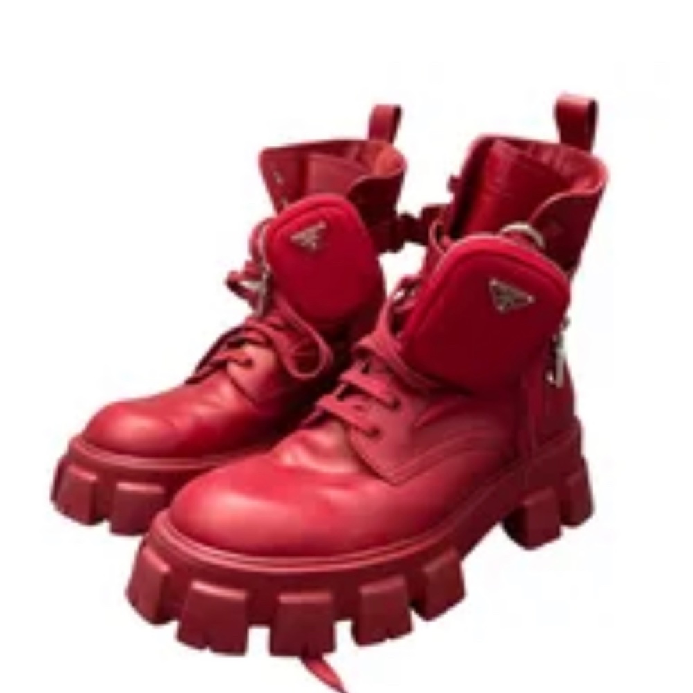 PRADA Monolith Leather Combat Boots - Red